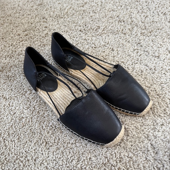 EILEEN FISHER Lee Black Leather Espadrille 9 - Picture 1 of 6